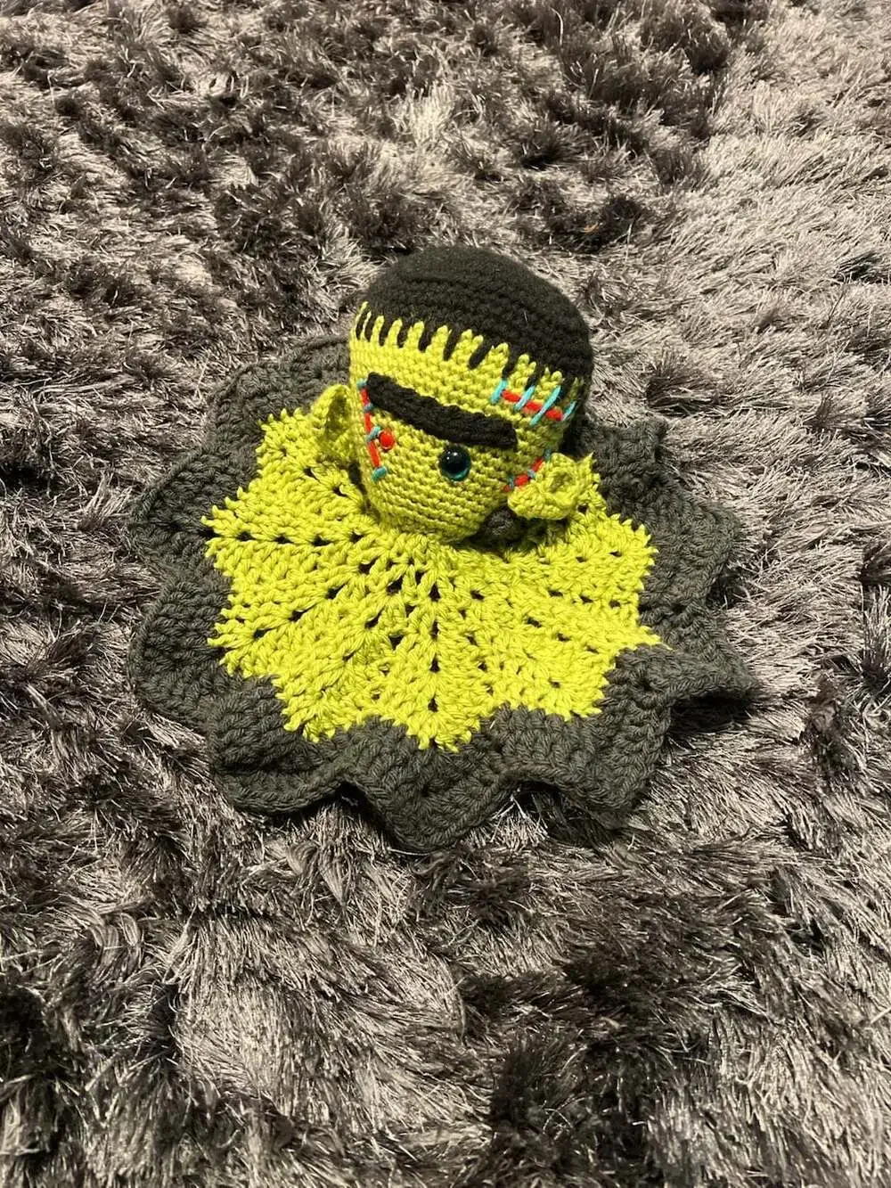 Handmade Crochet Frankenstein Lovey Halloween Security Blanket